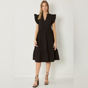 Entro Small Ruffled Tiered Black Midi Dress